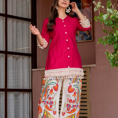 Poshak Hub Women Magenta Co-Ord Set, Shirt Style Tunic with Printed Palazzo