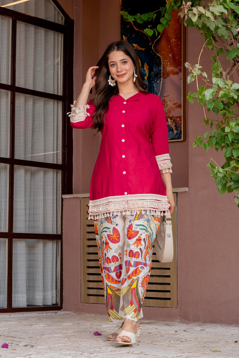 Poshak Hub Women Magenta Co-Ord Set, Shirt Style Tunic with Printed Palazzo