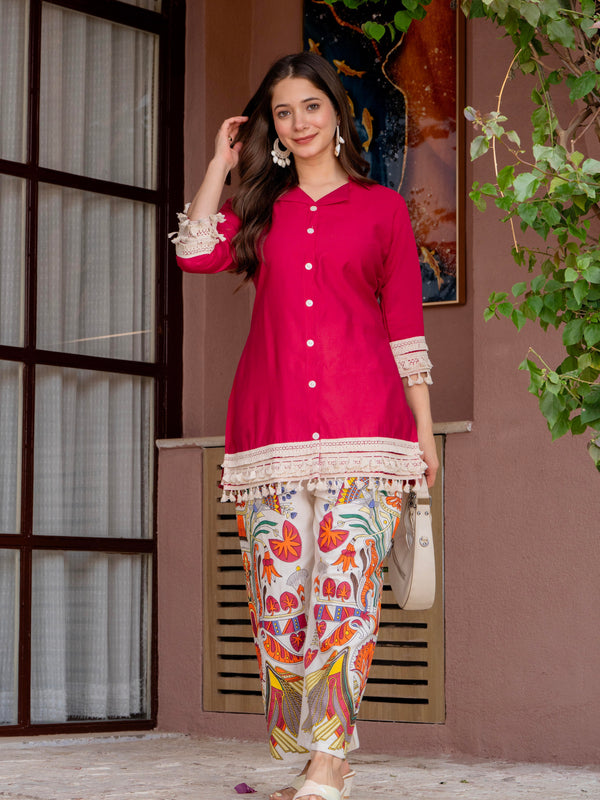 Poshak Hub Women Magenta Co-Ord Set, Shirt Style Tunic with Printed Palazzo