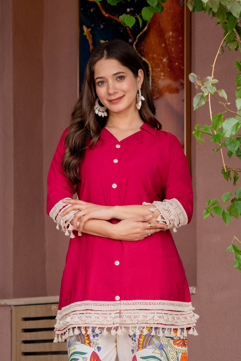 Poshak Hub Women Magenta Co-Ord Set, Shirt Style Tunic with Printed Palazzo