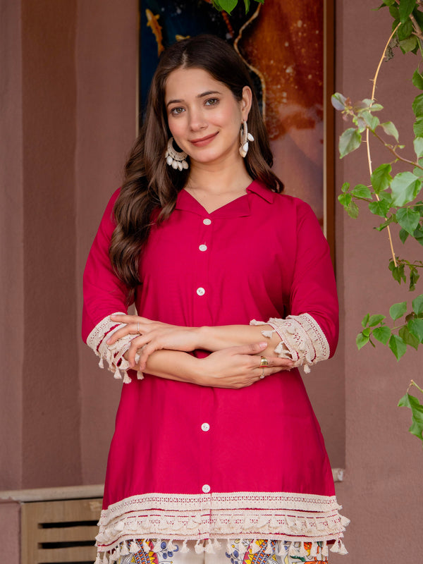 Poshak Hub Women Magenta Co-Ord Set, Shirt Style Tunic with Printed Palazzo