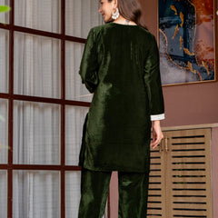 Poshak Hub Women Green Mirror Work Embroidery Velvet Tunic with Trouser Co-ord Set