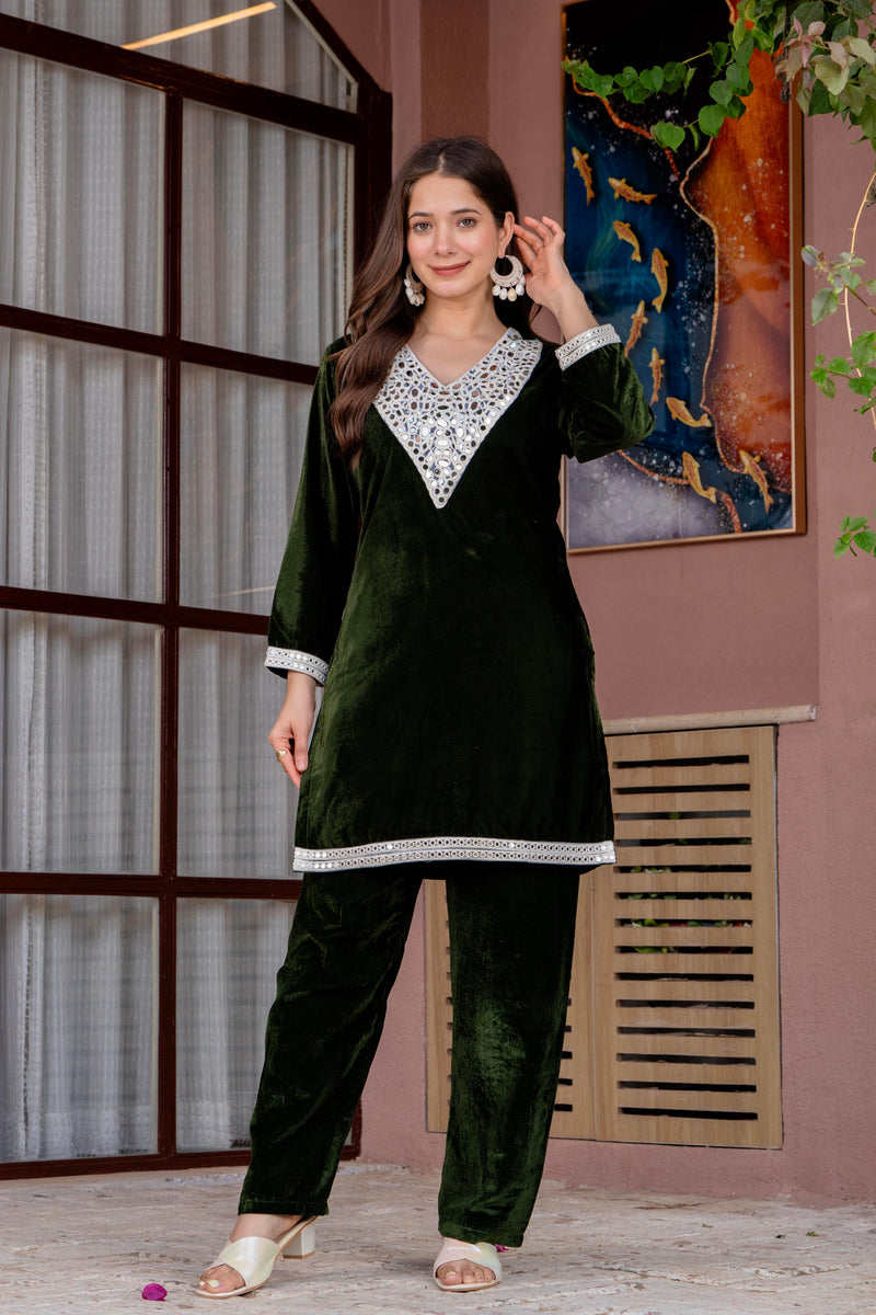 Poshak Hub Women Green Mirror Work Embroidery Velvet Tunic with Trouser Co-ord Set