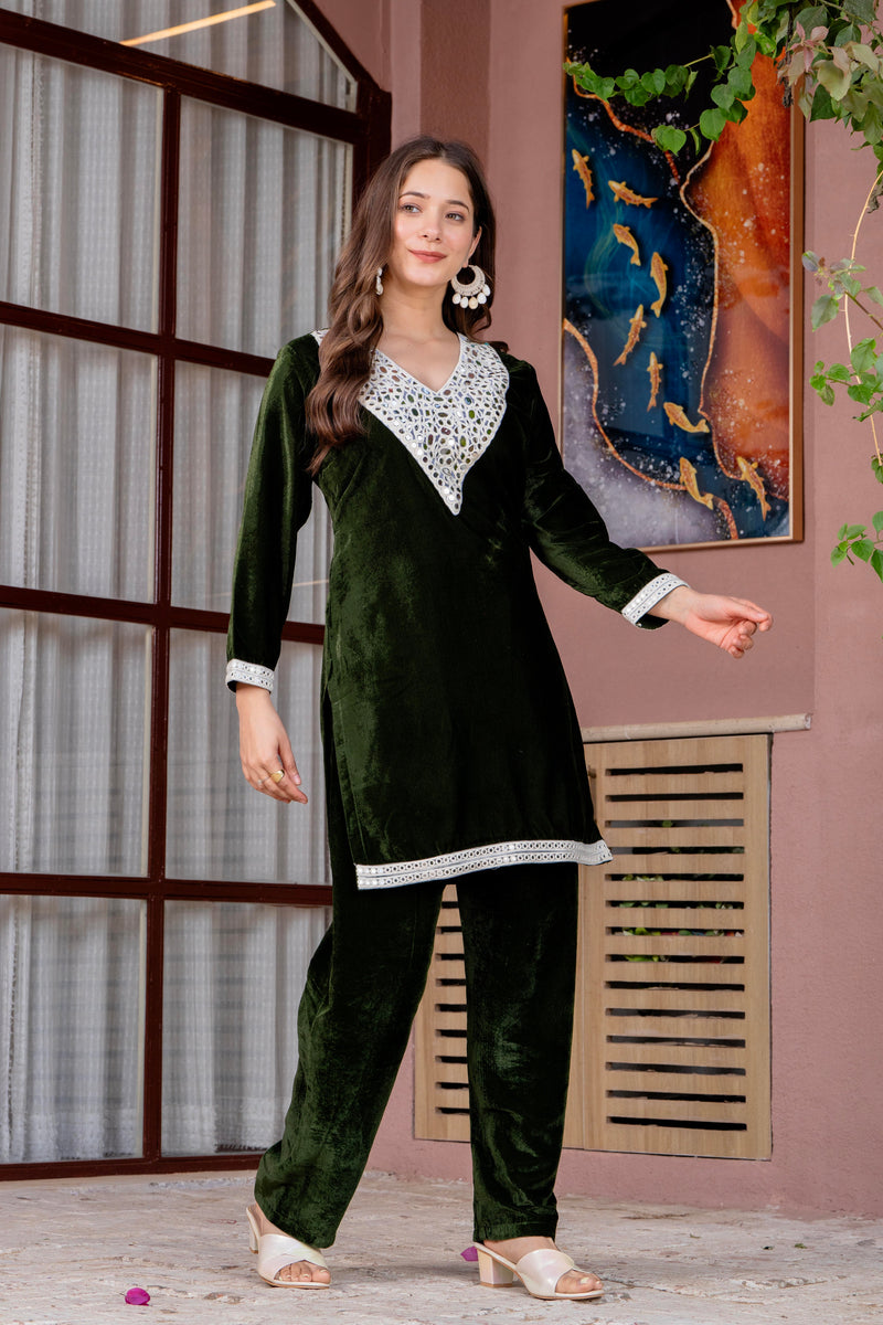 Poshak Hub Women Green Mirror Work Embroidery Velvet Tunic with Trouser Co-ord Set