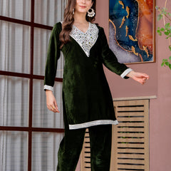 Poshak Hub Women Green Mirror Work Embroidery Velvet Tunic with Trouser Co-ord Set