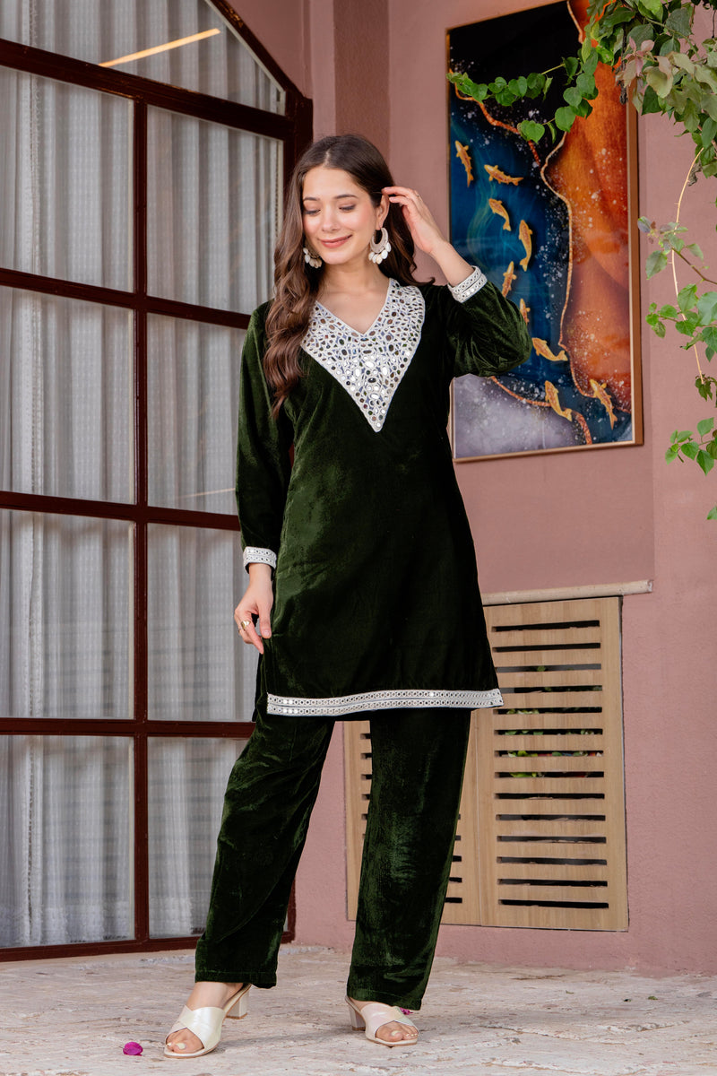 Poshak Hub Women Green Mirror Work Embroidery Velvet Tunic with Trouser Co-ord Set