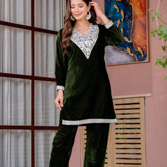 Poshak Hub Women Green Mirror Work Embroidery Velvet Tunic with Trouser Co-ord Set