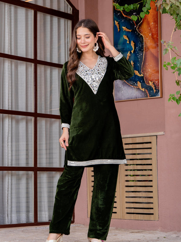 Poshak Hub Women Green Mirror Work Embroidery Velvet Tunic with Trouser Co-ord Set
