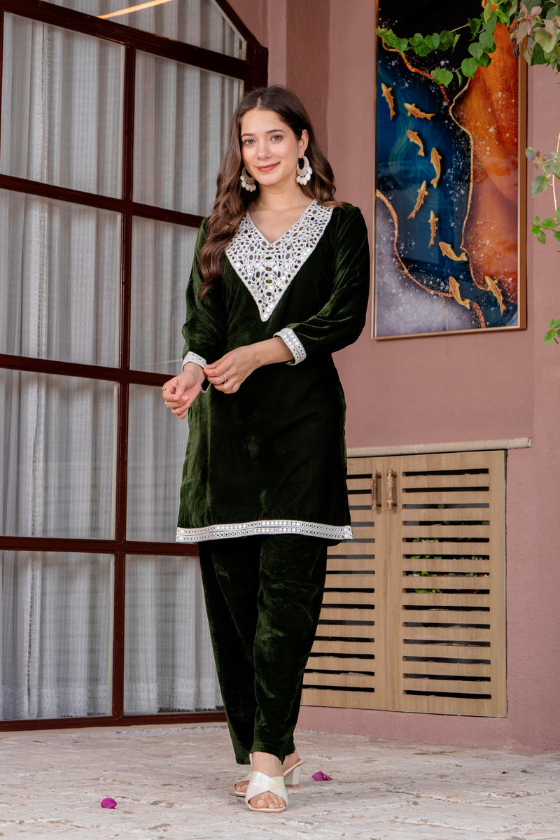Poshak Hub Women Green Mirror Work Embroidery Velvet Tunic with Trouser Co-ord Set