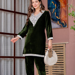 Poshak Hub Women Green Mirror Work Embroidery Velvet Tunic with Trouser Co-ord Set