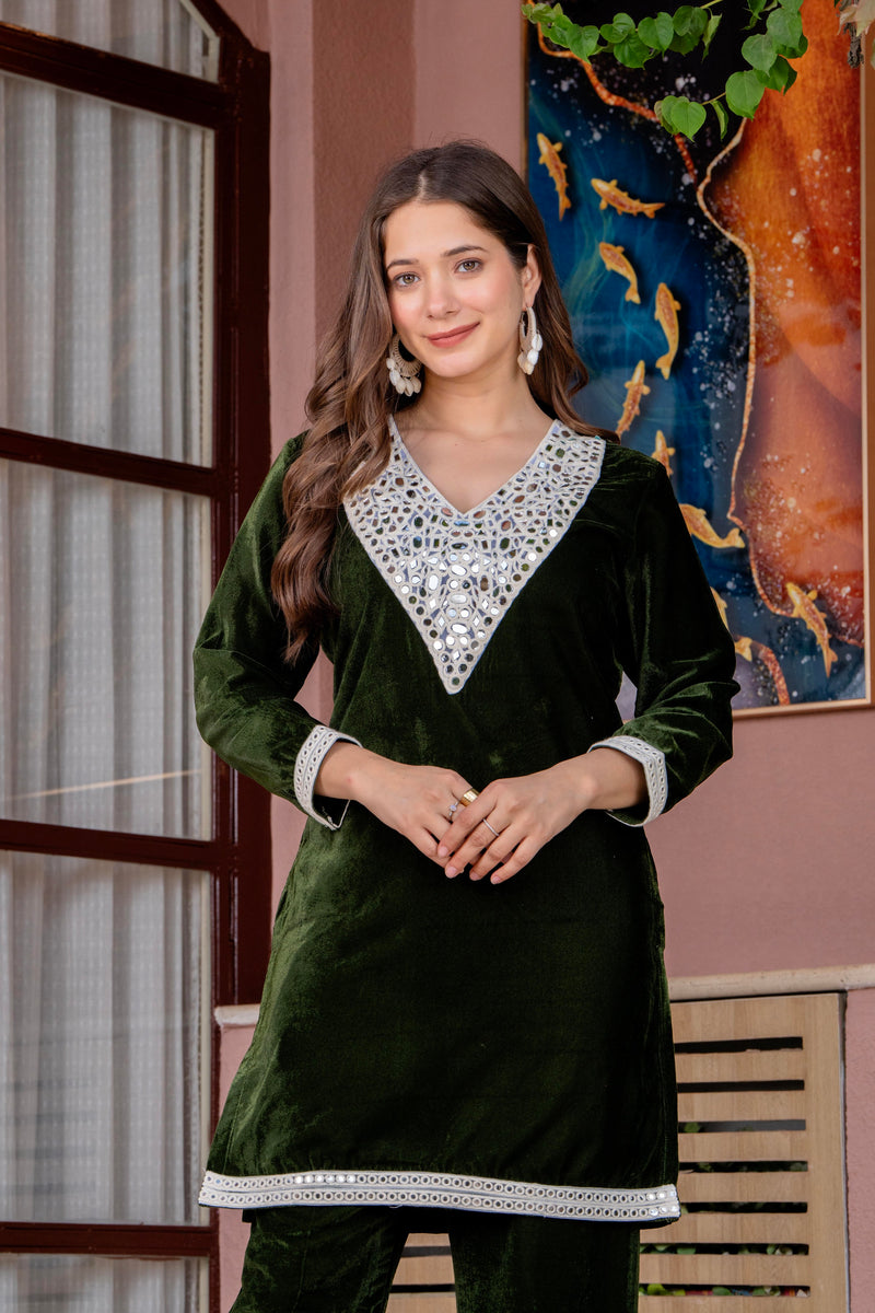 Poshak Hub Women Green Mirror Work Embroidery Velvet Tunic with Trouser Co-ord Set
