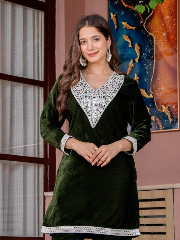 Poshak Hub Women Green Mirror Work Embroidery Velvet Tunic with Trouser Co-ord Set