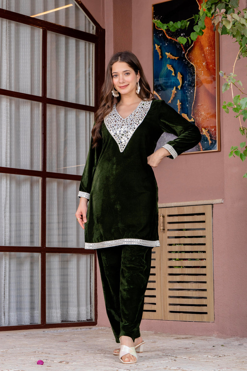 Poshak Hub Women Green Mirror Work Embroidery Velvet Tunic with Trouser Co-ord Set