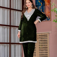Poshak Hub Women Green Mirror Work Embroidery Velvet Tunic with Trouser Co-ord Set
