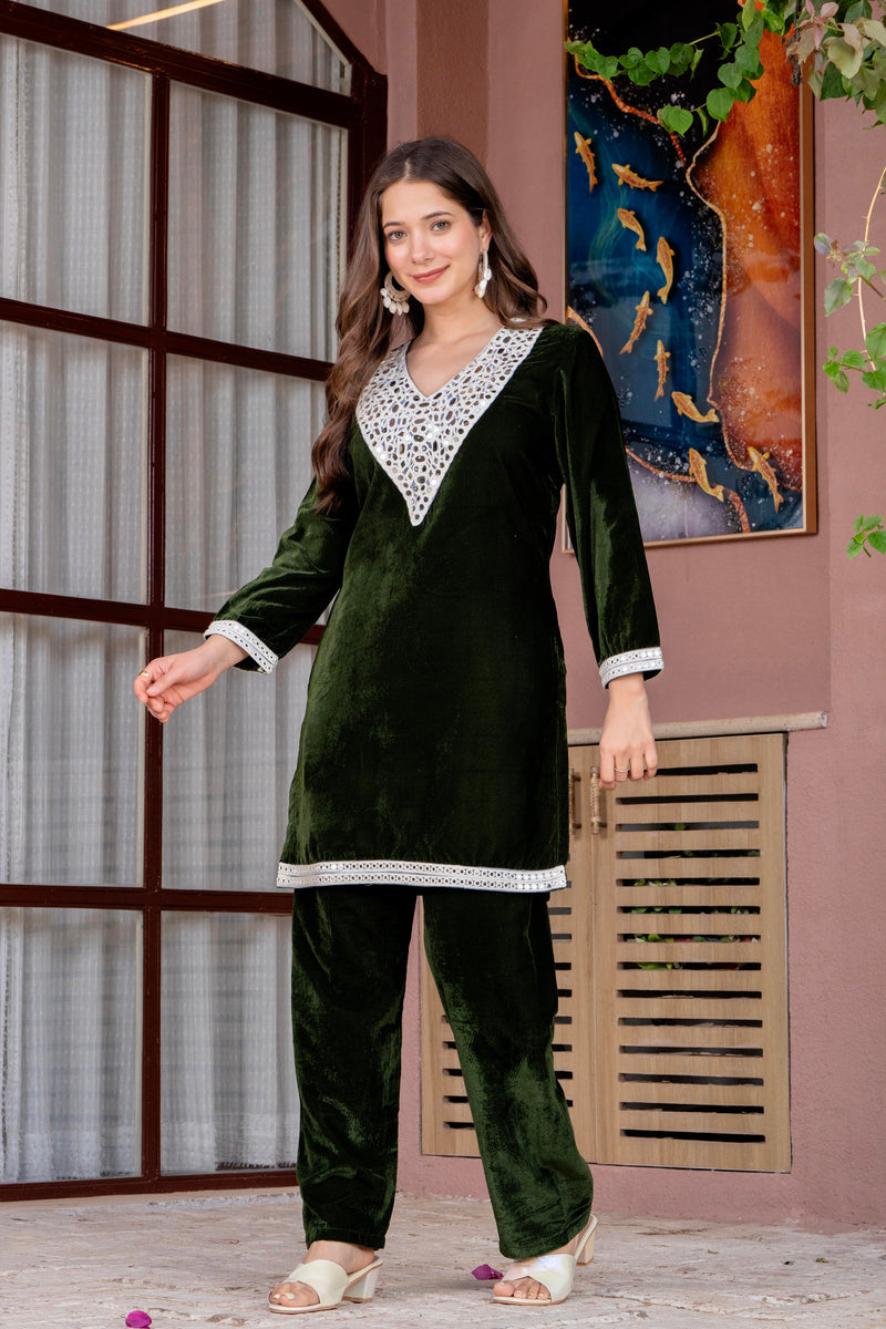 Poshak Hub Women Green Mirror Work Embroidery Velvet Tunic with Trouser Co-ord Set