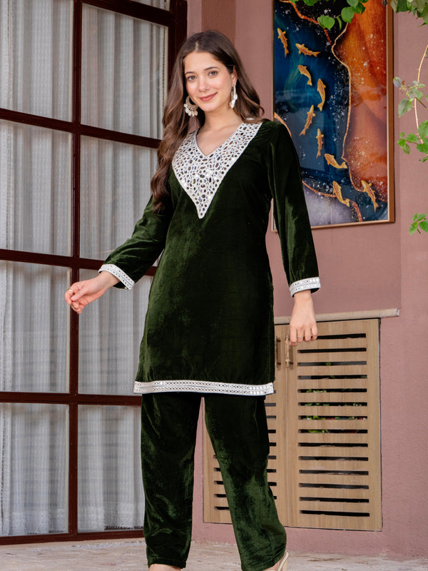 Poshak Hub Women Green Mirror Work Embroidery Velvet Tunic with Trouser Co-ord Set