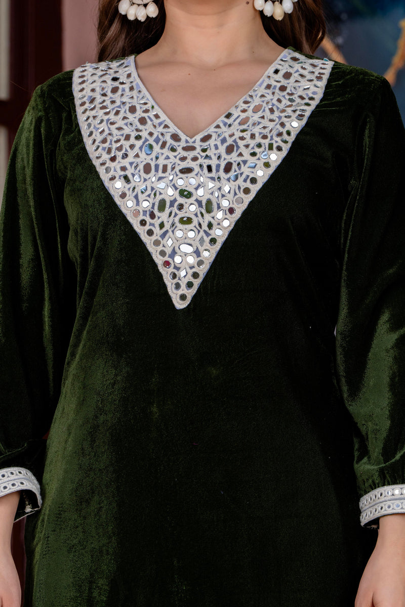 Poshak Hub Women Green Mirror Work Embroidery Velvet Tunic with Trouser Co-ord Set