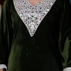 Poshak Hub Women Green Mirror Work Embroidery Velvet Tunic with Trouser Co-ord Set