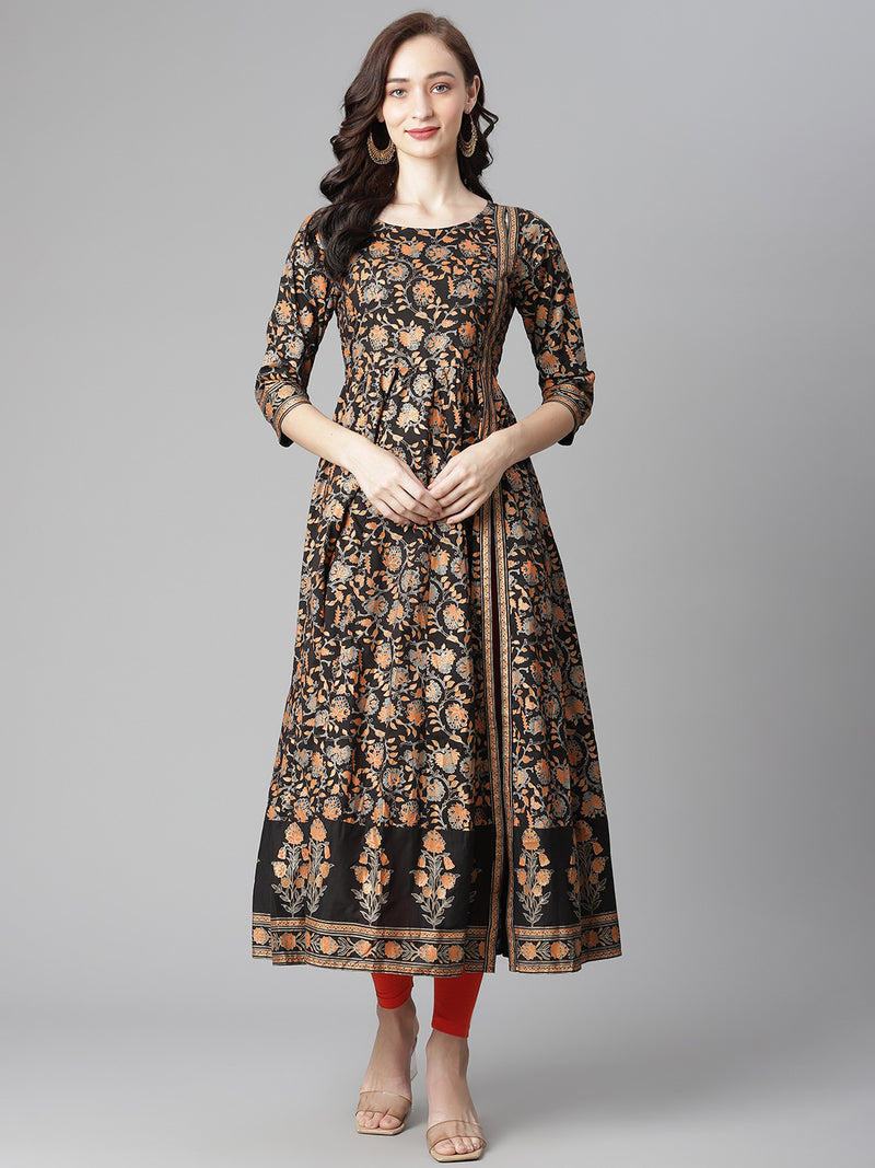 Poshak Hub Women Black Cotton Printed Anarkali Kurta.