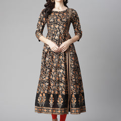 Poshak Hub Women Black Cotton Printed Anarkali Kurta.