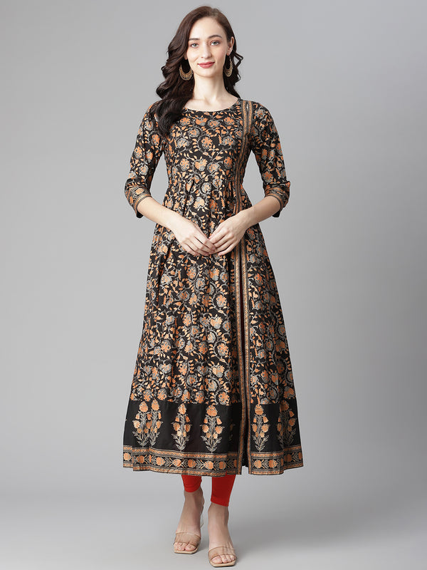Poshak Hub Women Black Cotton Printed Anarkali Kurta.