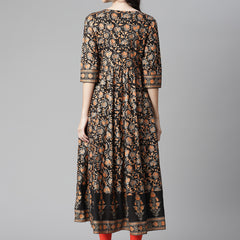 Poshak Hub Women Black Cotton Printed Anarkali Kurta.