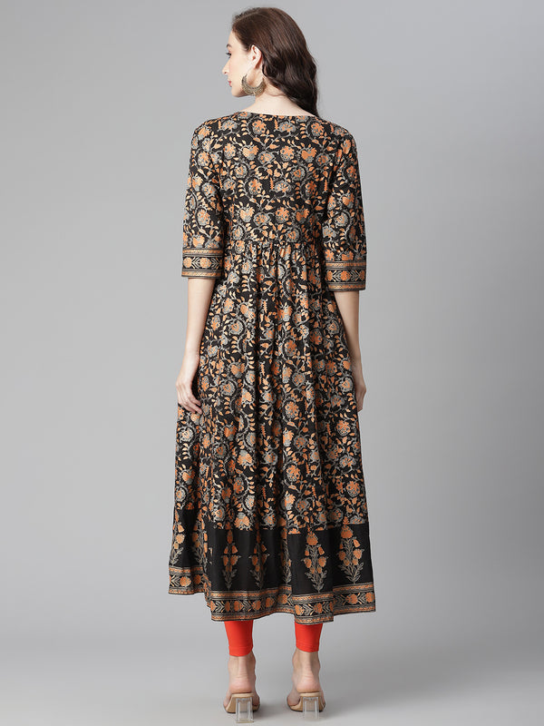 Poshak Hub Women Black Cotton Printed Anarkali Kurta.
