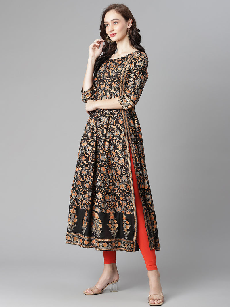 Poshak Hub Women Black Cotton Printed Anarkali Kurta.