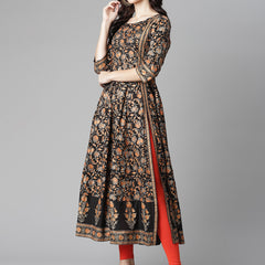 Poshak Hub Women Black Cotton Printed Anarkali Kurta.