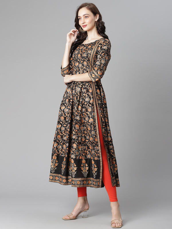 Poshak Hub Women Black Cotton Printed Anarkali Kurta.