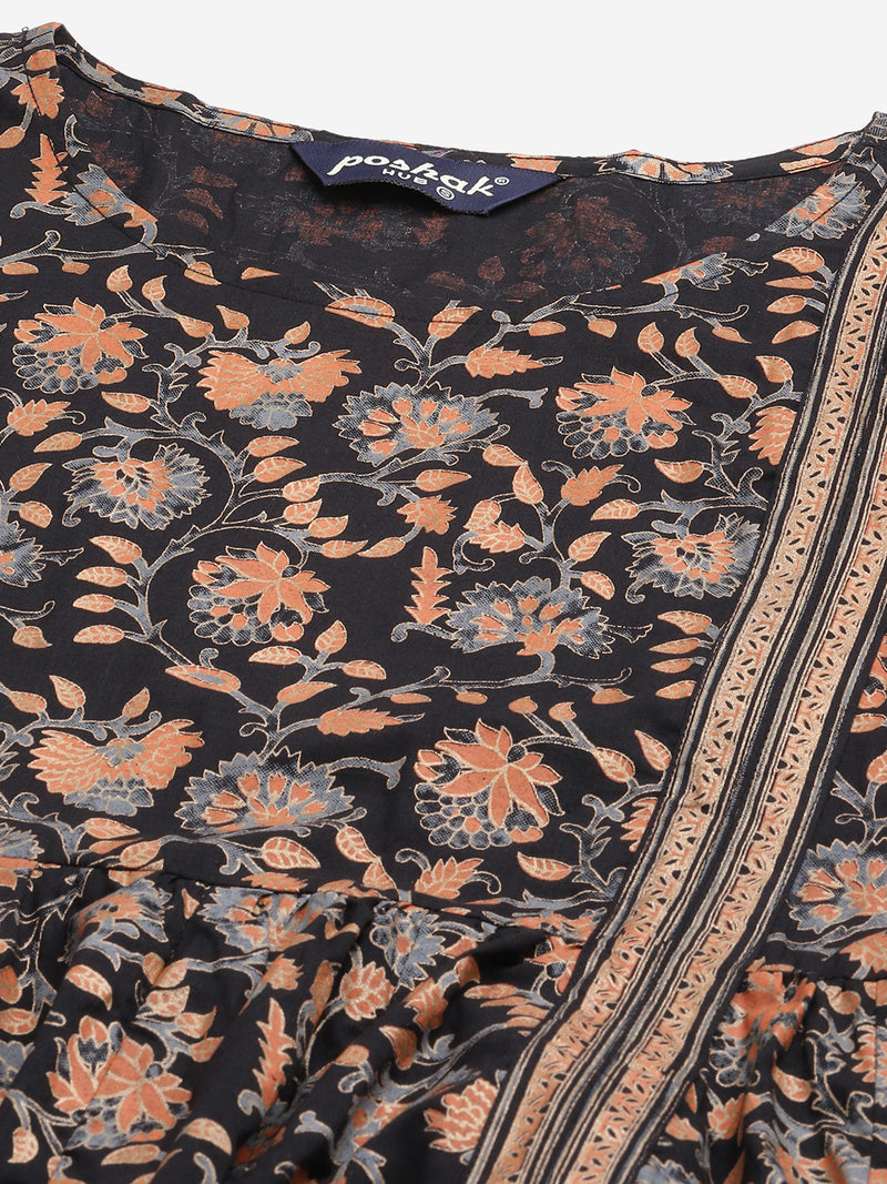 Poshak Hub Women Black Cotton Printed Anarkali Kurta.