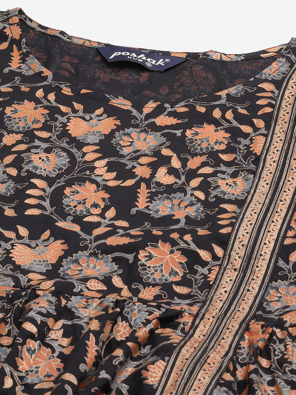 Poshak Hub Women Black Cotton Printed Anarkali Kurta.