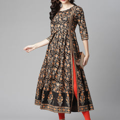 Poshak Hub Women Black Cotton Printed Anarkali Kurta.