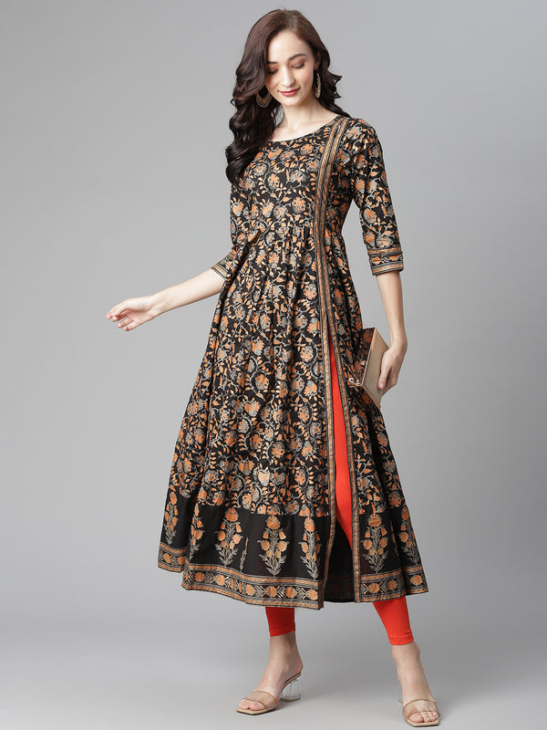 Poshak Hub Women Black Cotton Printed Anarkali Kurta.