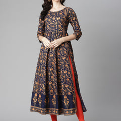 Poshak Hub Women Blue Cotton Printed Anarkali Kurta.
