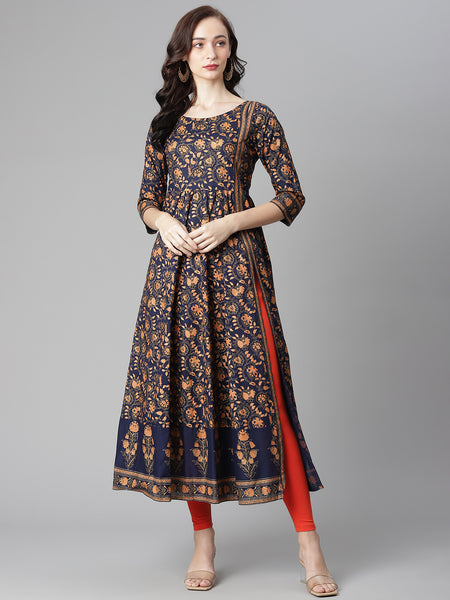 Poshak Hub Women Blue Cotton Printed Anarkali Kurta.