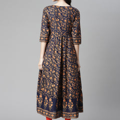 Poshak Hub Women Blue Cotton Printed Anarkali Kurta.