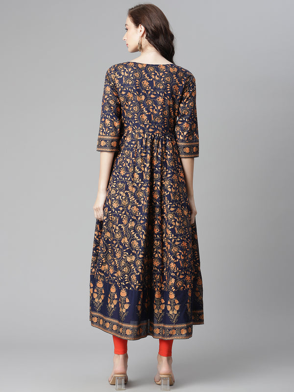 Poshak Hub Women Blue Cotton Printed Anarkali Kurta.