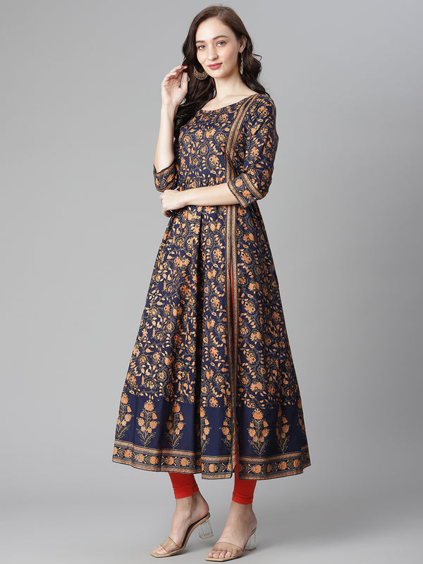 Poshak Hub Women Blue Cotton Printed Anarkali Kurta.