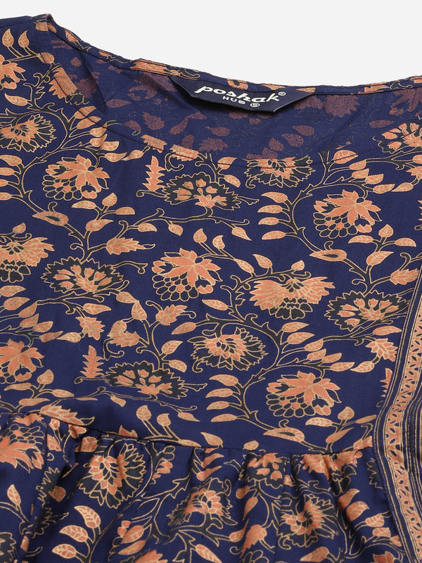 Poshak Hub Women Blue Cotton Printed Anarkali Kurta.