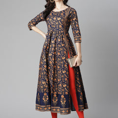 Poshak Hub Women Blue Cotton Printed Anarkali Kurta.
