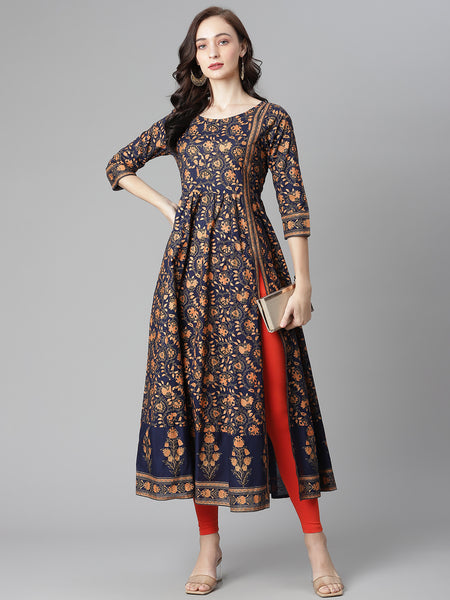Poshak Hub Women Blue Cotton Printed Anarkali Kurta.