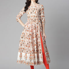 Poshak Hub Women Off White Cotton Printed Anarkali Kurta.