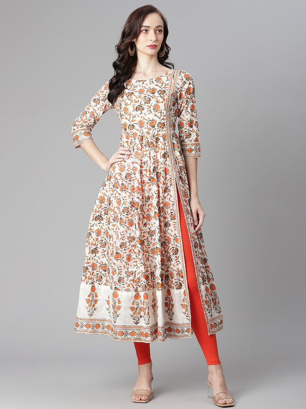 Poshak Hub Women Off White Cotton Printed Anarkali Kurta.