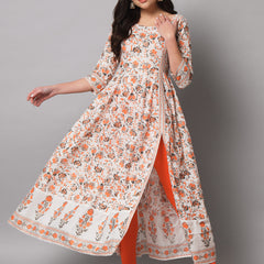 Poshak Hub Women Off White Cotton Printed Anarkali Kurta.