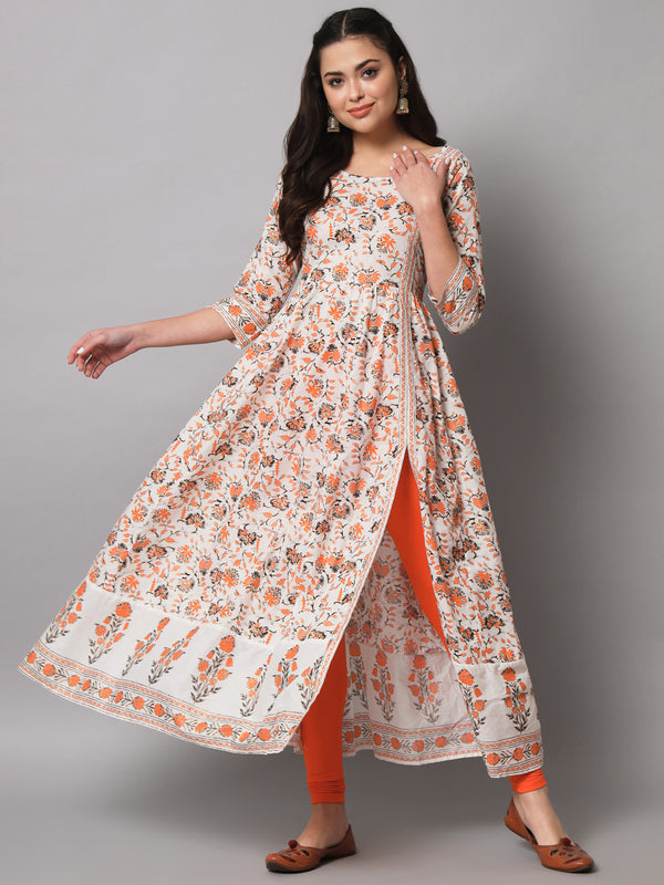 Poshak Hub Women Off White Cotton Printed Anarkali Kurta.