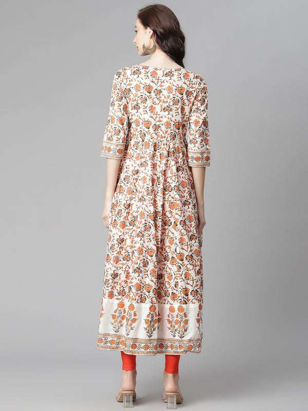 Poshak Hub Women Off White Cotton Printed Anarkali Kurta.