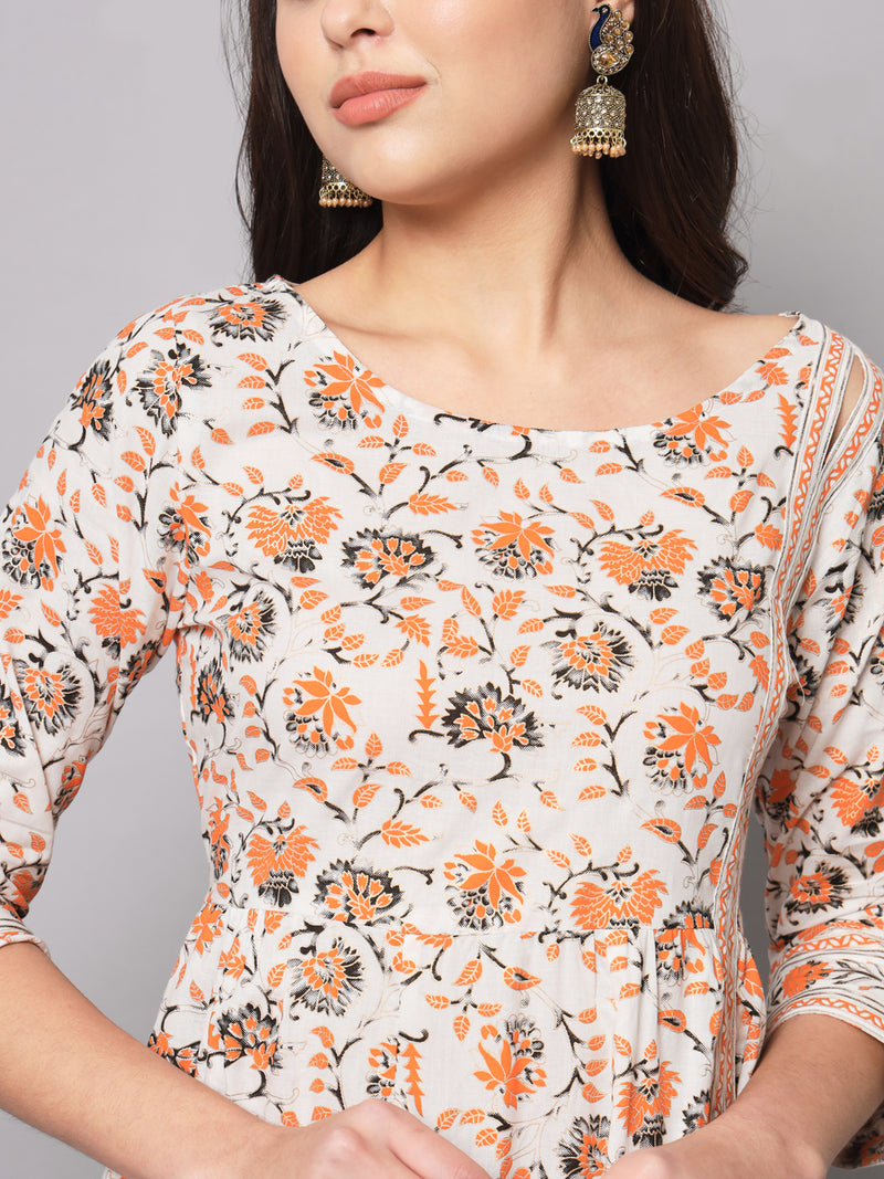 Poshak Hub Women Off White Cotton Printed Anarkali Kurta.