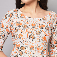 Poshak Hub Women Off White Cotton Printed Anarkali Kurta.