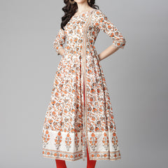Poshak Hub Women Off White Cotton Printed Anarkali Kurta.